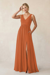 A - Line V - Neck Pleated Chiffon Bridesmaid Dress in Terracotta - KissProm Bridesmaid Dresses