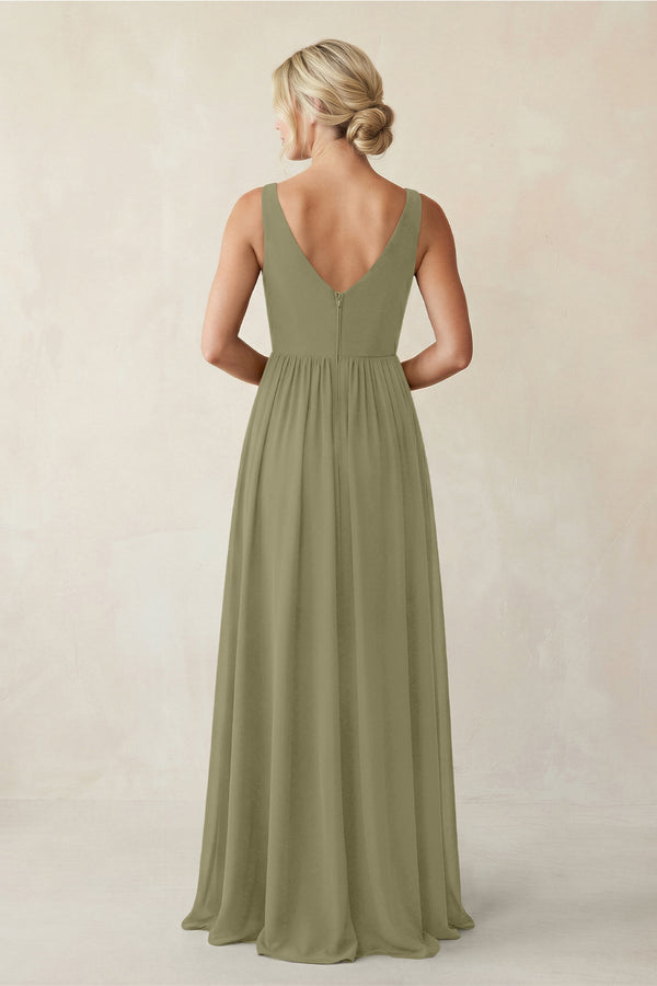 A - Line V - Neck Pleated Chiffon Bridesmaid Dress in Thyme - KissProm Bridesmaid Dresses
