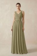 A-Line V-Neck Pleated Chiffon Bridesmaid Dress in Thyme - KissProm BRIDESMAID DRESSES