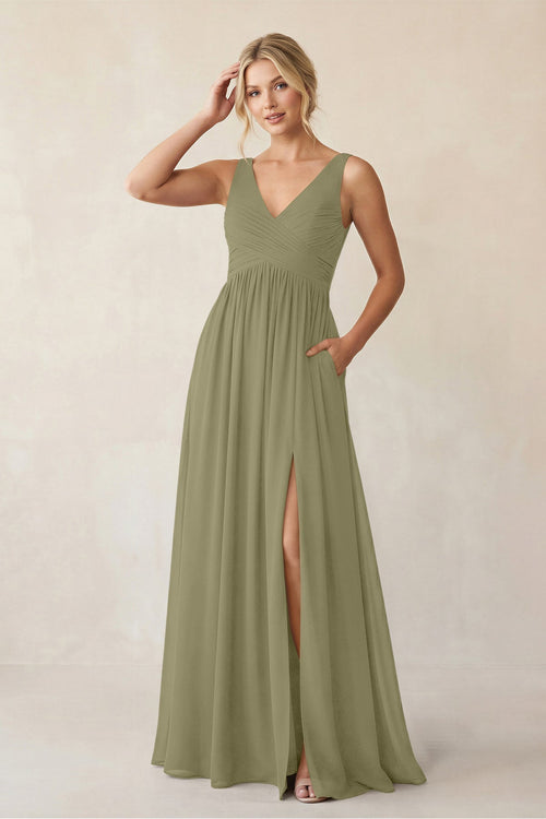 A - Line V - Neck Pleated Chiffon Bridesmaid Dress in Thyme - KissProm Bridesmaid Dresses