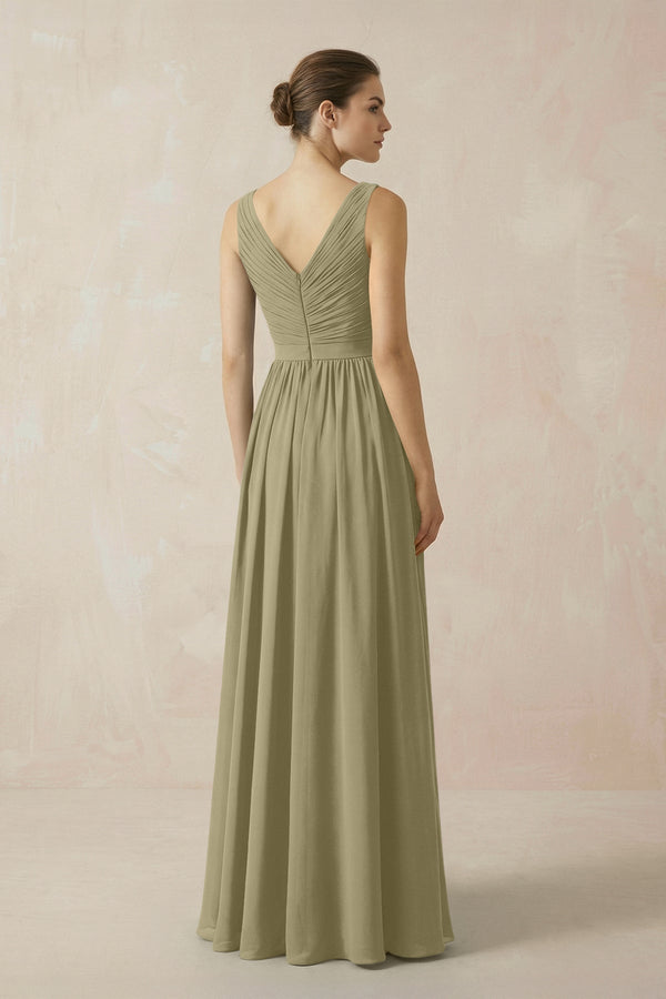 A-Line V-Neck Pleated Chiffon Bridesmaid Dress in Thyme - KissProm BRIDESMAID DRESSES