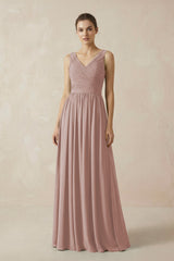 A-Line V-Neck Pleated Chiffon Bridesmaid Dress in Toffee - KissProm BRIDESMAID DRESSES