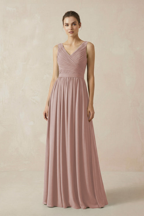 A-Line V-Neck Pleated Chiffon Bridesmaid Dress in Toffee - KissProm BRIDESMAID DRESSES