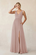 A - Line V - Neck Pleated Chiffon Bridesmaid Dress in Toffee - KissProm Bridesmaid Dresses