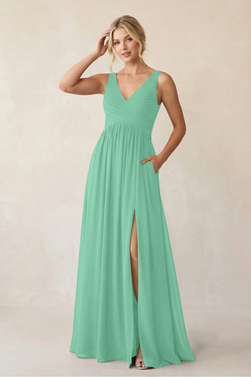 A - Line V - Neck Pleated Chiffon Bridesmaid Dress in Turquoise - KissProm Bridesmaid Dresses