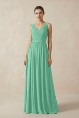 A-Line V-Neck Pleated Chiffon Bridesmaid Dress in Turquoise - KissProm BRIDESMAID DRESSES