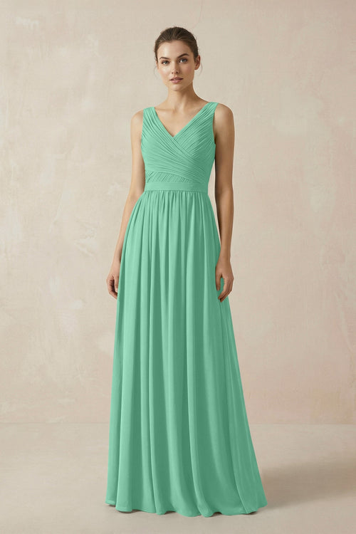 A-Line V-Neck Pleated Chiffon Bridesmaid Dress in Turquoise - KissProm BRIDESMAID DRESSES