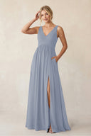 A - Line V - Neck Pleated Chiffon Bridesmaid Dress in Twilight - KissProm Bridesmaid Dresses