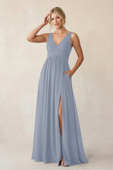 A - Line V - Neck Pleated Chiffon Bridesmaid Dress in Twilight - KissProm Bridesmaid Dresses