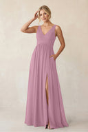 A - Line V - Neck Pleated Chiffon Bridesmaid Dress in Vintage Mauve - KissProm Bridesmaid Dresses