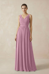 A-Line V-Neck Pleated Chiffon Bridesmaid Dress in Vintage Mauve - KissProm BRIDESMAID DRESSES