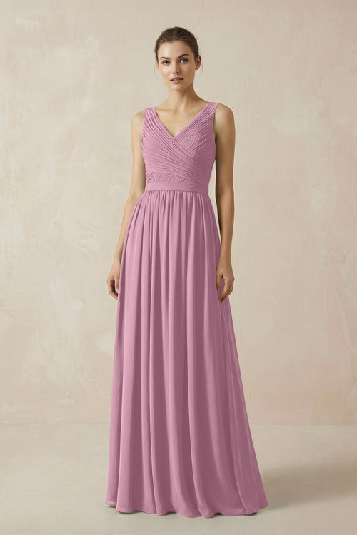 A-Line V-Neck Pleated Chiffon Bridesmaid Dress in Vintage Mauve - KissProm BRIDESMAID DRESSES