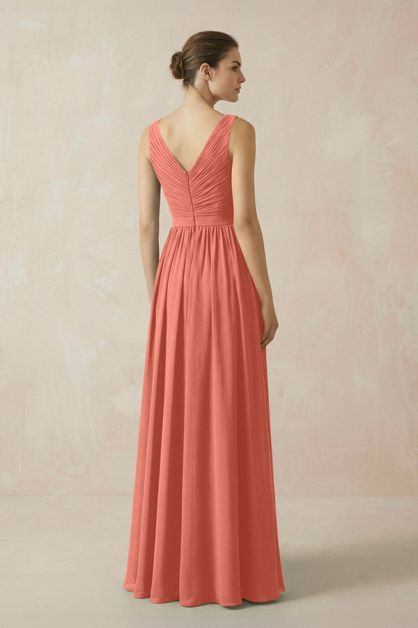 A-Line V-Neck Pleated Chiffon Bridesmaid Dress in Wild Rose - KissProm BRIDESMAID DRESSES