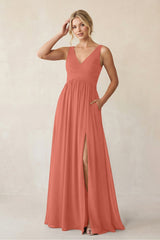 A - Line V - Neck Pleated Chiffon Bridesmaid Dress in Wild Rose - KissProm Bridesmaid Dresses