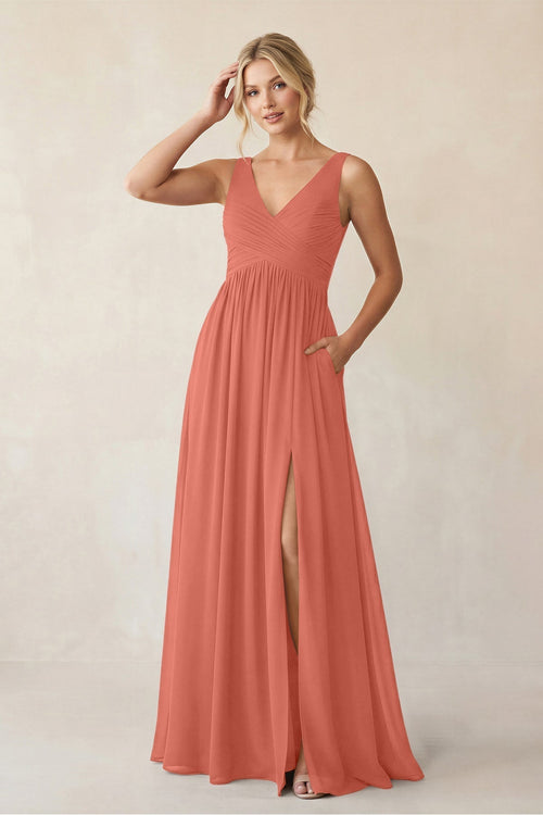 A - Line V - Neck Pleated Chiffon Bridesmaid Dress in Wild Rose - KissProm Bridesmaid Dresses