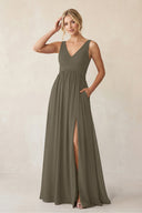 A - Line V - Neck Pleated Chiffon Bridesmaid Dress in Willow Green - KissProm Bridesmaid Dresses