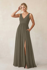 A - Line V - Neck Pleated Chiffon Bridesmaid Dress in Willow Green - KissProm Bridesmaid Dresses