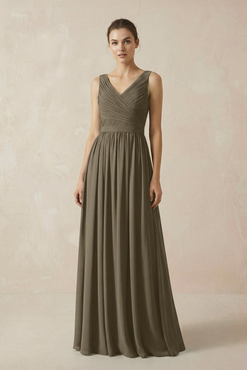 A-Line V-Neck Pleated Chiffon Bridesmaid Dress in Willow Green - KissProm BRIDESMAID DRESSES