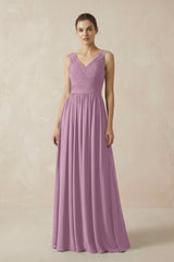 A-Line V-Neck Pleated Chiffon Bridesmaid Dress in Wisteria - KissProm BRIDESMAID DRESSES