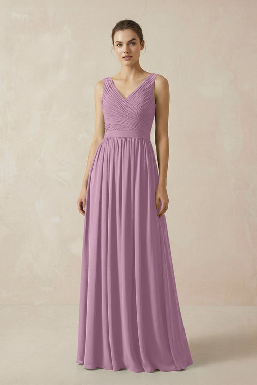 A-Line V-Neck Pleated Chiffon Bridesmaid Dress in Wisteria - KissProm BRIDESMAID DRESSES