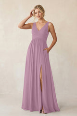 A - Line V - Neck Pleated Chiffon Bridesmaid Dress in Wisteria - KissProm Bridesmaid Dresses