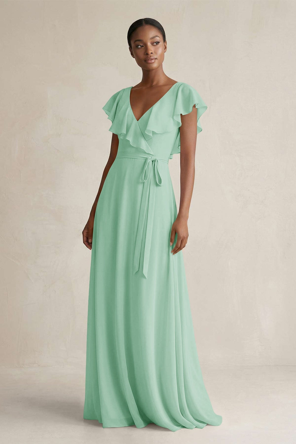 A - Line V - Neck Ruffled Sleeve Chiffon Bridesmaid Dress in Pale Pistachio - KissProm Bridesmaid Dresses