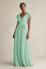 A - Line V - Neck Ruffled Sleeve Chiffon Bridesmaid Dress in Pale Pistachio - KissProm Bridesmaid Dresses