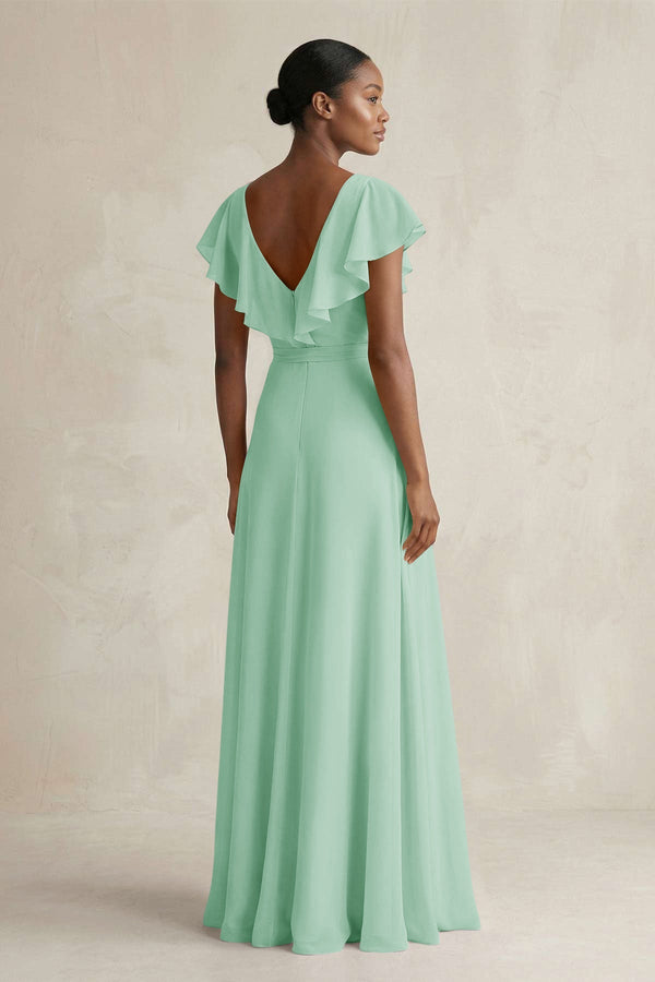 A - Line V - Neck Ruffled Sleeve Chiffon Bridesmaid Dress in Pale Pistachio - KissProm Bridesmaid Dresses