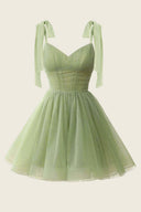 A-Line V-Neck Sage Green Pleated Short Homecoming Dress Sage Green / 14