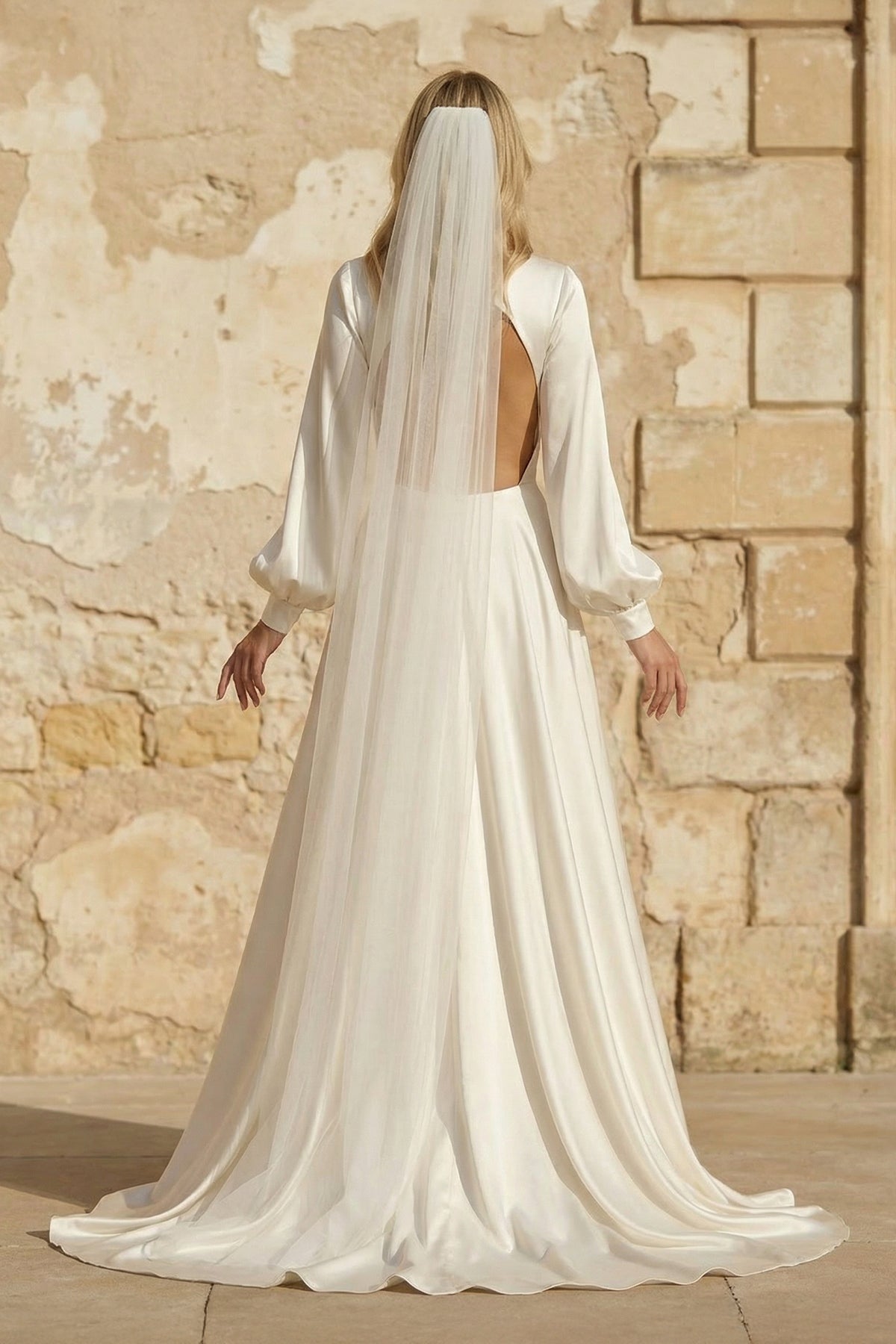A-Line Long Sleeves Satin Wedding Dresses with V Neck A-Line Long Sleeves Satin Wedding Dresses with V Neck