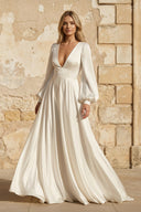A-Line Long Sleeves Satin Wedding Dresses with V Neck