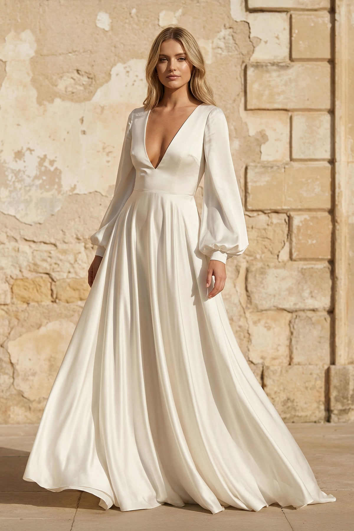 A-Line Long Sleeves Satin Wedding Dresses with V Neck