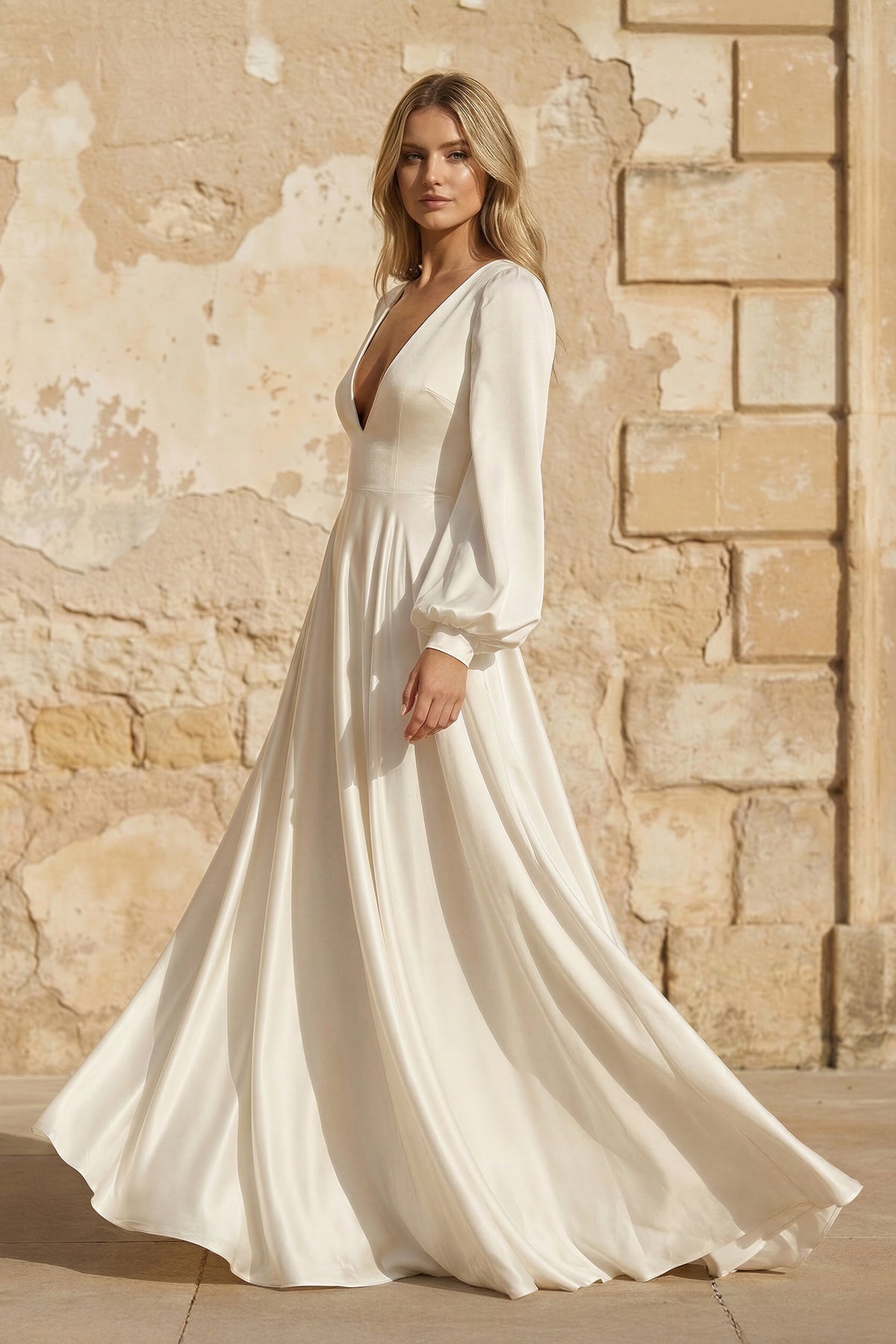 A-Line Long Sleeves Satin Wedding Dresses with V Neck, Diamond White / 16 A-Line Long Sleeves Satin Wedding Dresses with V Neck, Diamond White / 16