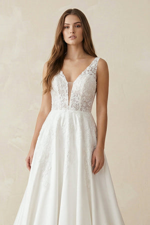 A Line V Neck Satin Wedding Dress With Appliques - KissProm Wedding Dresses