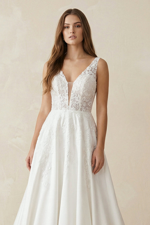 A Line V Neck Satin Wedding Dress With Appliques - KissProm Wedding Dresses