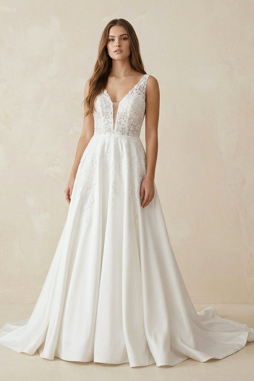 A Line V Neck Satin Wedding Dress With Appliques - KissProm Wedding Dresses