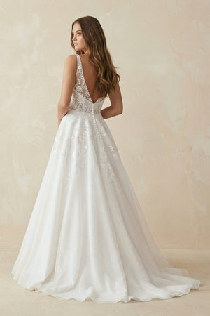 A Line V Neck Satin Wedding Dress With Appliques - KissProm Wedding Dresses