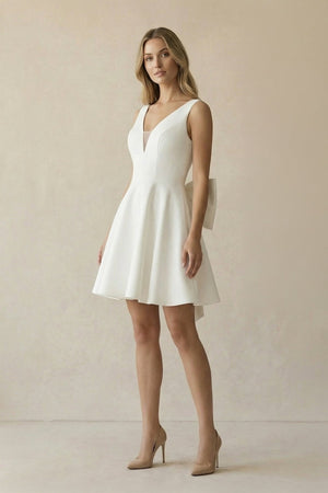 A Line V Neck Satin Wedding Dress With Bow in Ivory - KissProm Wedding Dresses