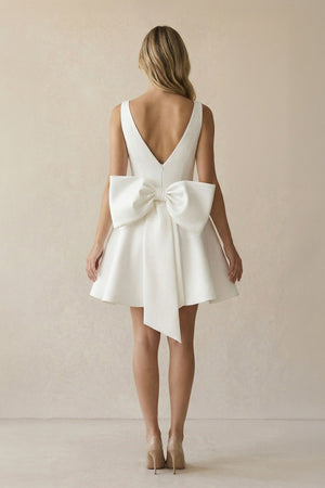 A Line V Neck Satin Wedding Dress With Bow in Ivory - KissProm Wedding Dresses