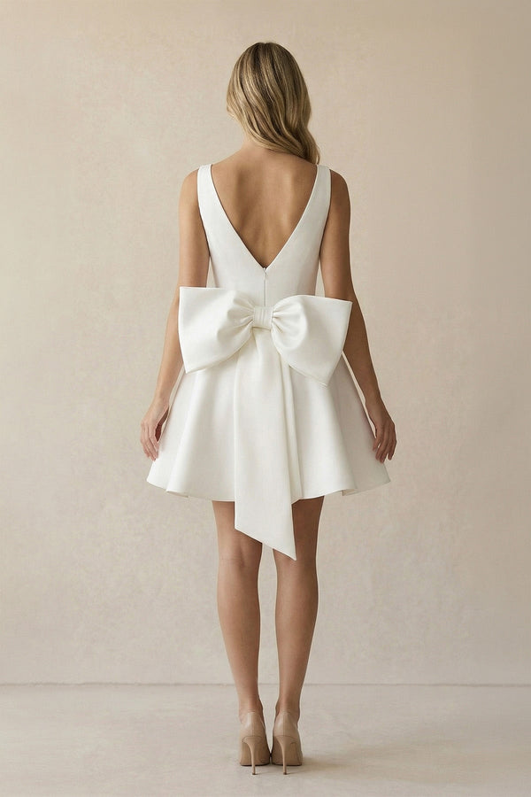 A Line V Neck Satin Wedding Dress With Bow in Ivory - KissProm Wedding Dresses
