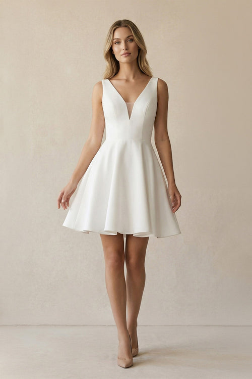 A Line V Neck Satin Wedding Dress With Bow in Ivory - KissProm Wedding Dresses