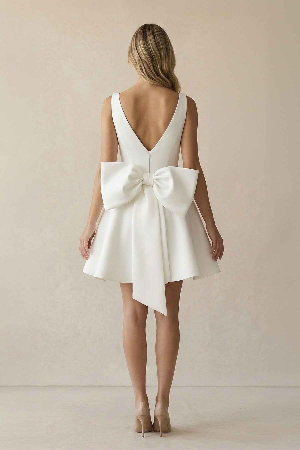 A-Line White Satin V-Neck Short Wedding Dress with Bow, Diamond White / 10 A-Line White Satin V-Neck Short Wedding Dress with Bow, Diamond White / 10