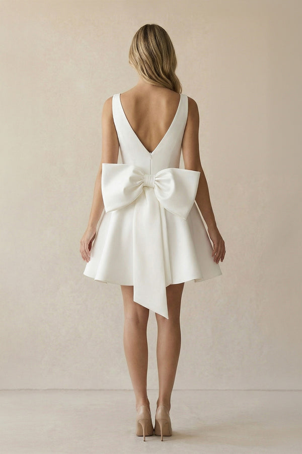 Thessaly | A - Line White Satin V - Neck Short Wedding Dress with Bow  – Wedding Dresses by KissProm | Available at KissProm