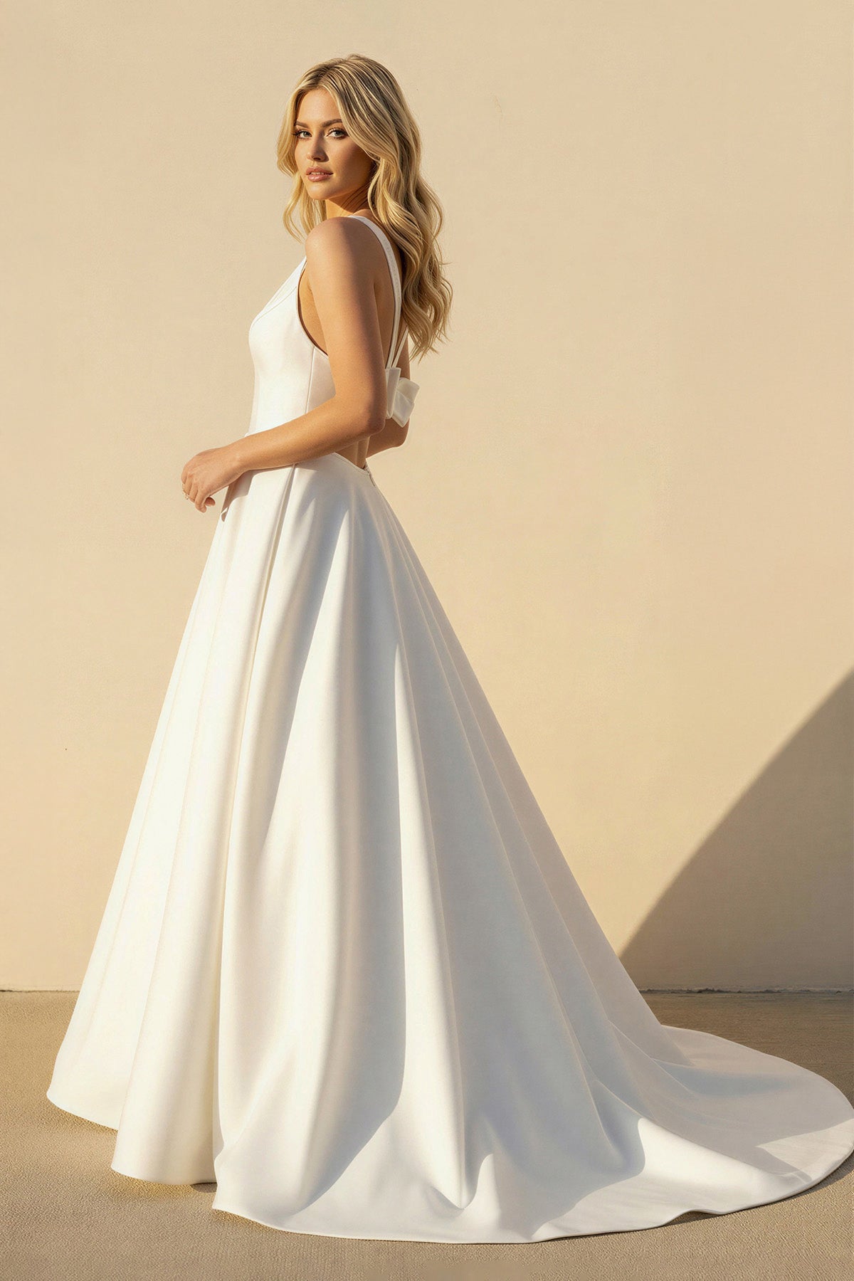 KissProm A-Line V-Neck White Long Wedding Dress with Bow-Knot, Diamond White / 10