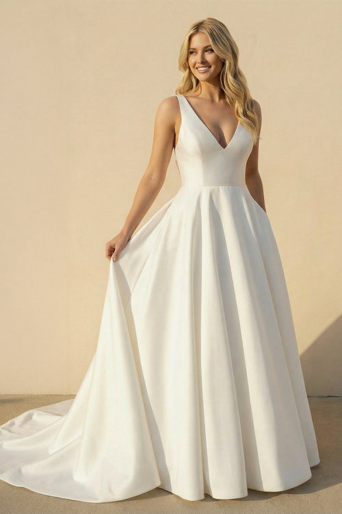 Kendra | A-Line V-Neck White Long Wedding Dress with Bow-Knot