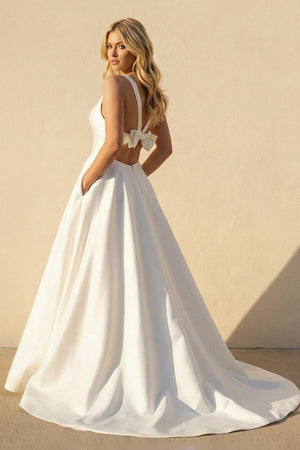 Kendra | A-Line V-Neck White Long Wedding Dress with Bow-Knot