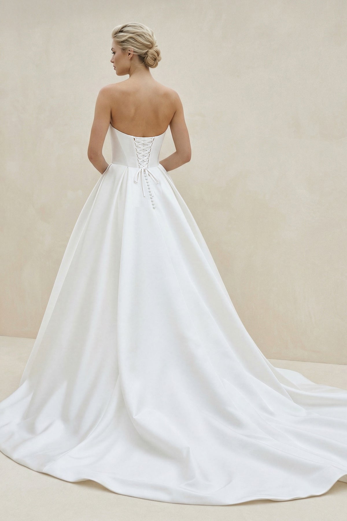 KissProm A-Line V Neck Satin Wedding Dresses with Detachable Straps, Diamond White / 22