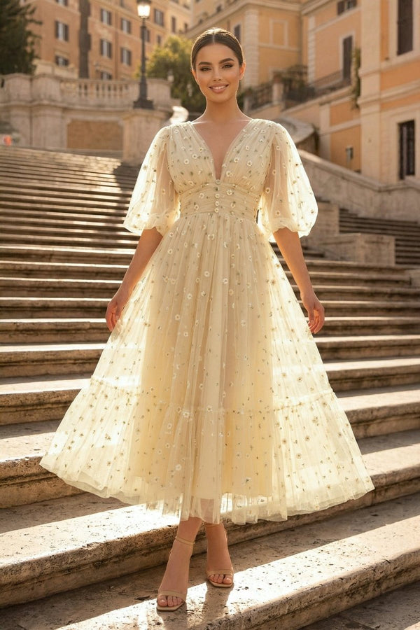 A - line V Neck Sea of Daisies Dress Engagement Ankle Length Half Sleeve Tulle with Buttons Pleats - KissProm
