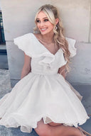 A Line V Neck Organza Ruffles Homecoming Dress - KissProm