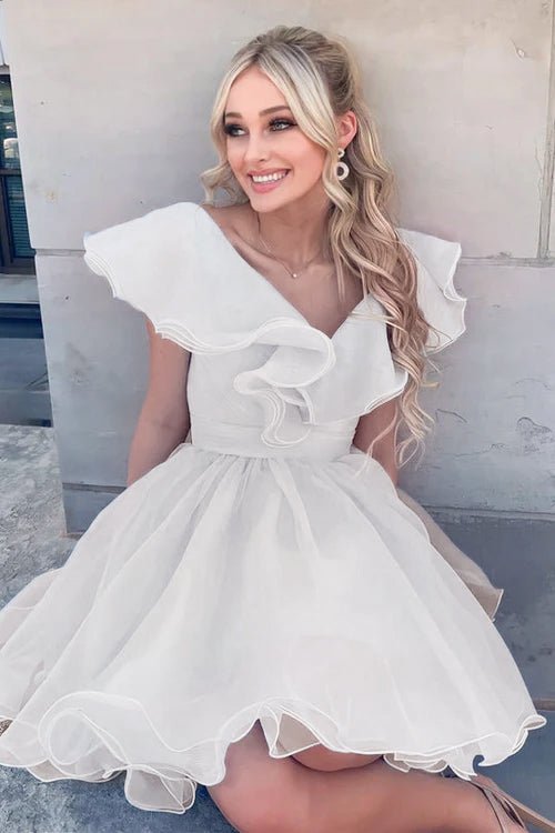 A Line V Neck Organza Ruffles Homecoming Dress, White / 10